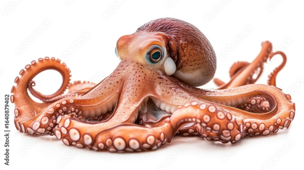 Obraz premium Fresh octopus body and limbs positioned naturally on a seamless white background, with visible texture and color contrast