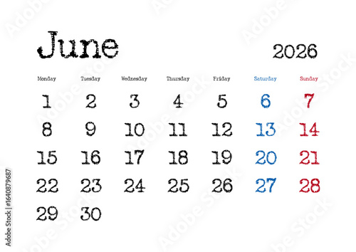2026年6月のタイプライター文字カレンダー 月曜始まり