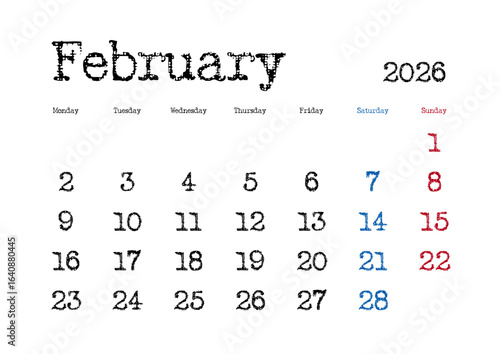 2026年2月のタイプライター文字カレンダー 月曜始まり 日本の祝日表記無し