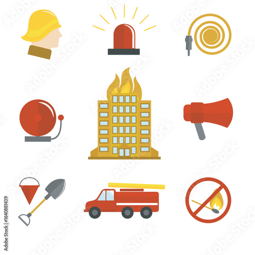 A collection of flat icons representing various aspects of firefighting, including safety gear, emergency vehicles, and fire suppression tools.