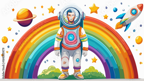 Male Astronaut in front of a rainbow, rocket and stars