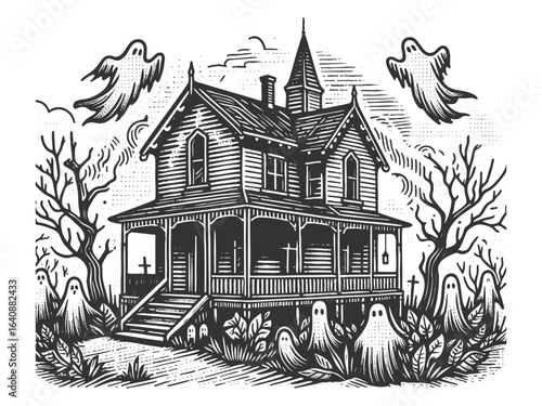 spooky haunted house surrounded by ghosts and bare trees, perfect for Halloween or horror-themed designs sketch engraving generative ai vector illustration. Scratch board. Black and white image.