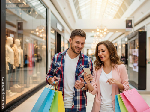 The man and woman hold shopping bags while looking at a phone.