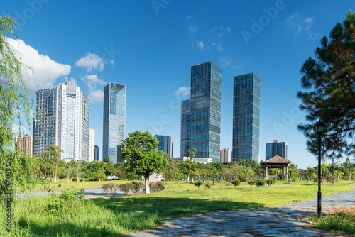 Photography city park with modern building background in shanghai