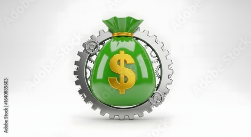 Shiny Green Money Bag with Golden Dollar Sign and Metallic Gear