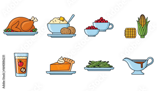 Gather around for a delightful holiday feast featuring roasted turkey, creamy mashed potatoes, sweet corn, cranberry sauce, savory gravy, green beans, apple cider, and pumpkin pie for celebration