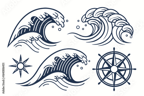 Vector illustration of tribal tattoo designs featuring fish, waves, and nature-inspired patterns in black silhouette style