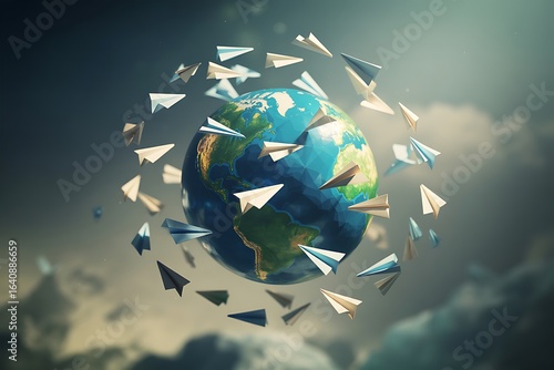 Paper airplanes circle the globe symbolizing travel and connectivity in a dynamic, hopeful scene