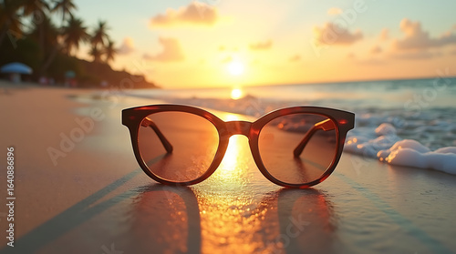 Wallpaper Mural A pair of stylish sunglasses lying on the wet sand at the edge of the sea, reflecting the bright sun and silhouettes of palm trees and umbrellas, gentle waves approaching in the background. Torontodigital.ca