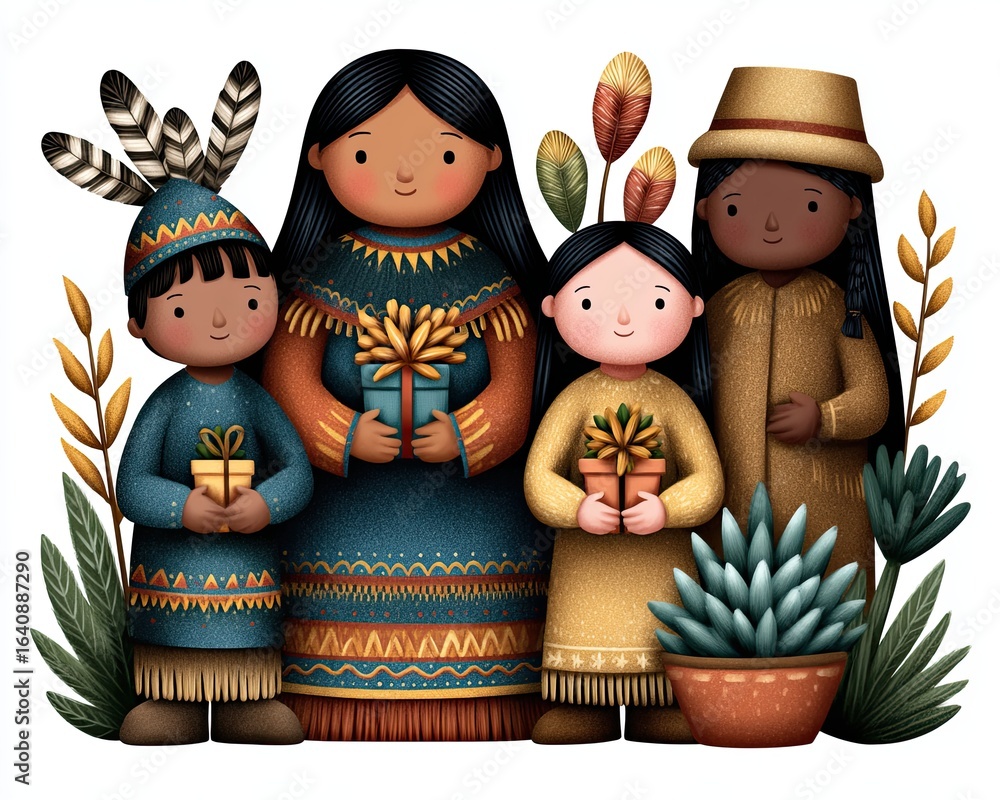 Fototapeta premium Creative Thanksgiving Family and Holiday Table Compositions A diverse group of people showcasing traditions and unity through colorful attire. Thanksgiving Season Theme