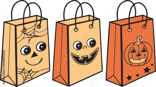 Three festive halloween trick or treat bags featuring a spider web face a jack o lantern face and a pumpkin with stars