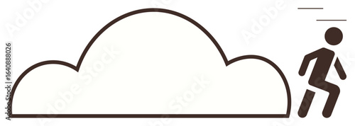 Stick figure running away from large cloud. Ideal for themes thumbs up urgency, escape, speed, freedom, motivation, challenges, productivity. Clean simple flat metaphor