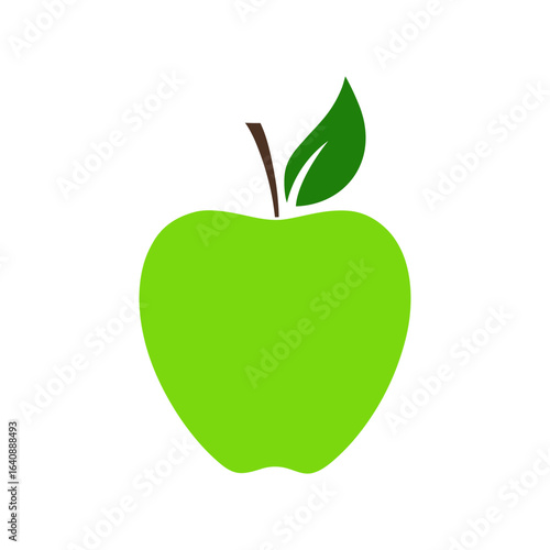 The apple is green with a leaf, isolated on a white background. Graphic simple color illustration of a fruit, flat design, vector. Decorative background element, icon, logo for label, decoration