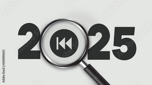 Tableau sur toile Minimalist graphic of bold black 2025 with a magnifying glass highlighting the word rewind symbol in the digits