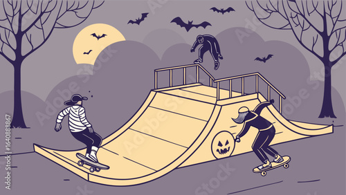 Halloween skateboarding scene with skaters performing tricks on a ramp under a full moon with bats flying overhead and spooky trees