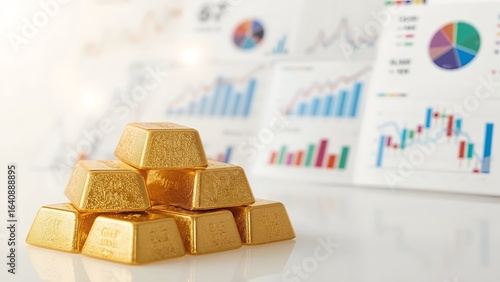 gold bars with charts and graphs and financial documents