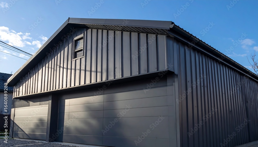 Obraz premium Modern Grey Garage Building with Metal Siding and Doors with Exterior View, and Blue Sky.