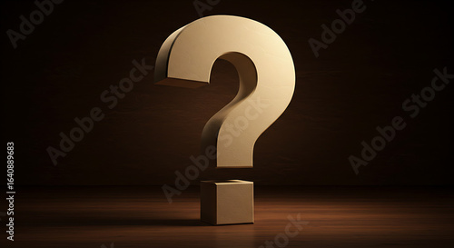 3d question mark, question mark on a blackboard, Large beige question mark symbol stands on wooden surface. Brown warm textured background, dramatic lighting. Illustration reflects questions in busine