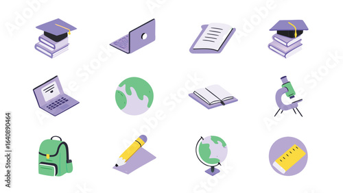 Isometric education icons featuring books, laptop, globe, microscope, and graduation cap illustration