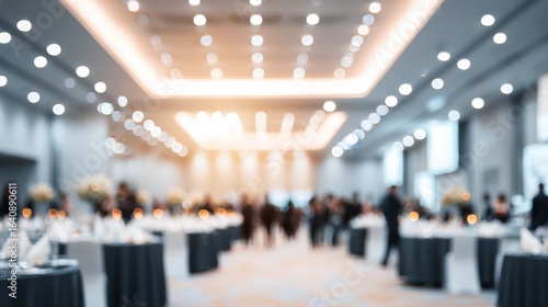 Wallpaper Mural Elegant Corporate Event Venue with Tables, Lighting, and People in Soft Focus Torontodigital.ca