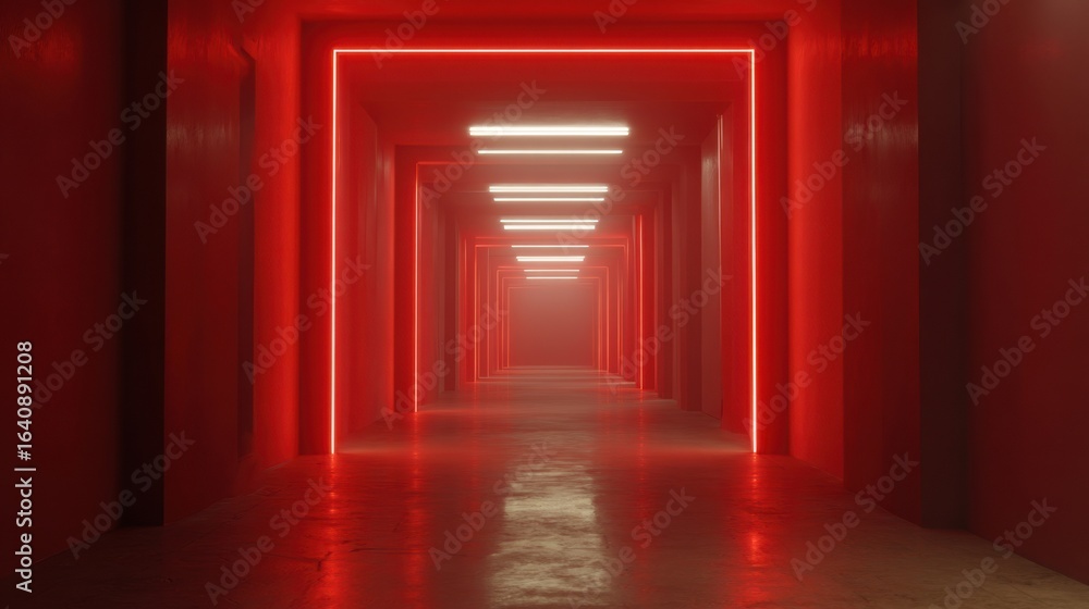 Fototapeta premium Mysterious red-lit corridor with glowing lines and fog, creating an eerie atmosphere in a spacious modern setting