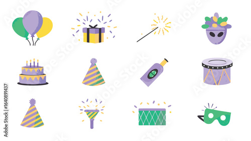 Collection of party themed elements including balloons, cake, gifts and party hats and noisemakers