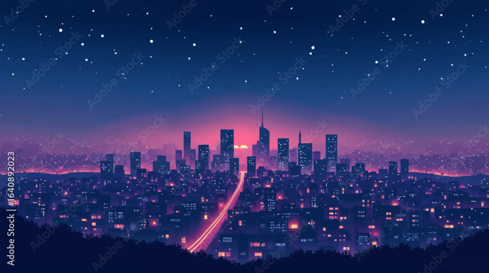 Fototapeta premium A stylized, nighttime cityscape view with a vibrant color palette and a starry sky.