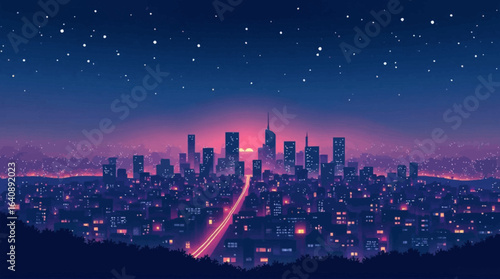 A stylized, nighttime cityscape view with a vibrant color palette and a starry sky.