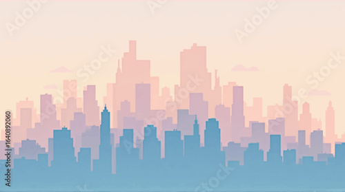 Silhouetted city skyline with tall buildings against a gradient background of pink and blue hues.