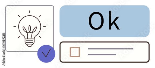 Light bulb symbolizing an idea, OK confirmation in blue box, checklist with a marked option. Ideal for innovation, validation, decision-making, ideas, approval process productivity feedback. Simple