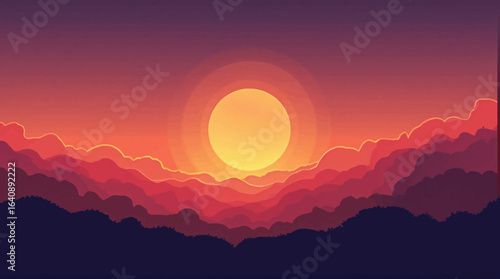 Sunset over a mountainous landscape, depicted in a stylized, minimalist vector art style with warm, vibrant colors.