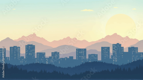 Serene cityscape at dawn, nestled between mountains and forest.