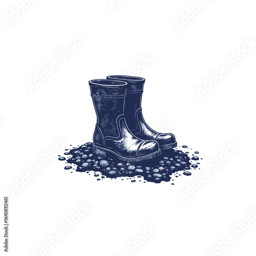 Boots on muddy mat displayed in a detailed illustration with fine line detailing. Footwear on a mat with mud, drawing attention to details and textures for an authentic feel.