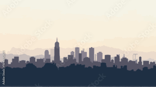 Silhouette of a city skyline with various buildings and skyscrapers against a light-colored, hazy sky.