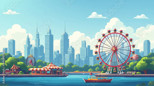 A vibrant cityscape panorama features a Ferris wheel and amusement park attractions along a waterfront, set against a backdrop of modern skyscrapers under a sunny sky.