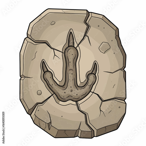 Cute dinosaur footprint fossil embedded in a cracked stone slab, prehistoric paleontology symbol, cartoon vector illustration on white background.