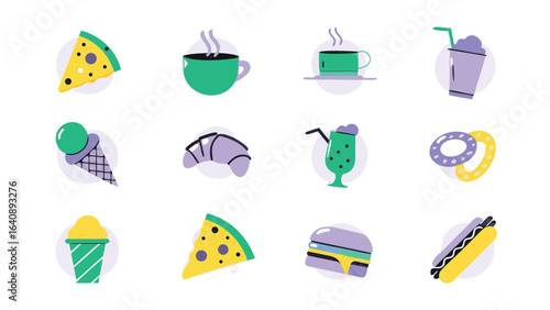 Illustration showcasing various food and drink items including pizza coffee ice cream and a hotdog in a flat style