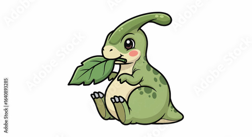 Cartoon Parasaurolophus Dinosaur Eating Leaf – Cute Prehistoric Herbivore Illustration