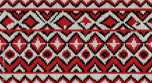 Traditional embroidered textile pattern with red, white, and black geometric designs.