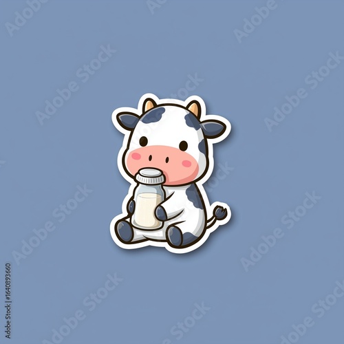 Cute cartoon cow sitting and drinking milk from a bottle, minimalist vector illustration with bold outline, flat blue background, pastel colors, kawaii style, perfect for stickers or t-shirt printing.