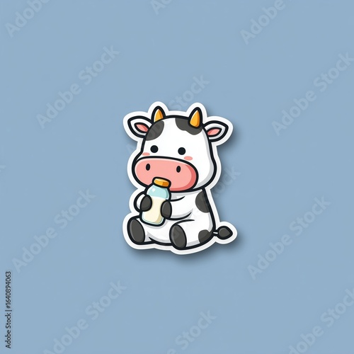 Cute cartoon cow sitting and drinking milk from a bottle, minimalist vector illustration with bold outline, flat blue background, pastel colors, kawaii style, perfect for stickers or t-shirt printing.