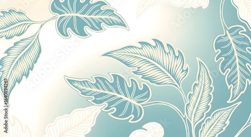A decorative botanical illustration of stylized leaves with intricate line work in soft teal and cream tones.