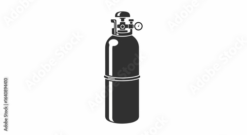 Isolated gas cylinder for industrial purposes with valve and pressure gauge, isolated on white. Black gas cylinder used for fuel storage or oxygen.