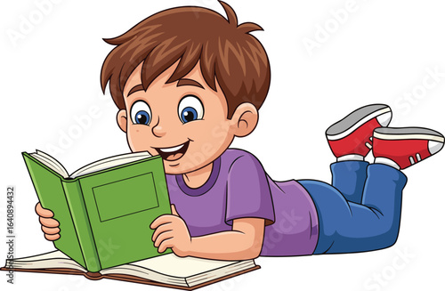 Cartoon child reading book, lying down pose, purple shirt, blue pants, red sneakers, focused student, vector illustration, study theme