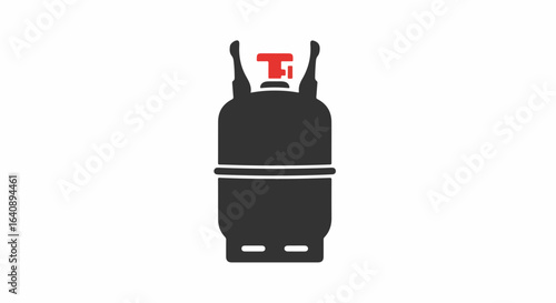 Black gas cylinder against white background. This gas cylinder shows a closed valve and supports and is ideal for camping.