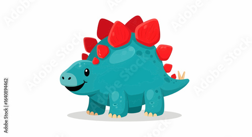Adorable blue stegosaurus dinosaur with red plates, cute prehistoric animal cartoon vector illustration for kids.