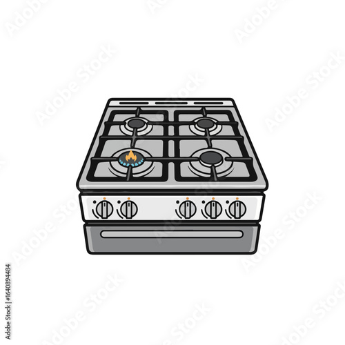 Contemporary kitchen stove shows four burners and control knobs on white backdrop. Kitchen stove is an essential home appliance for cooking meals.