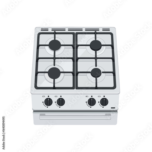 Gas stove top view with four burners and control knobs, modern appliance. Gas stove with enamel surface and black burner caps is stylish. Functional gas stove appliance for modern kitchen.