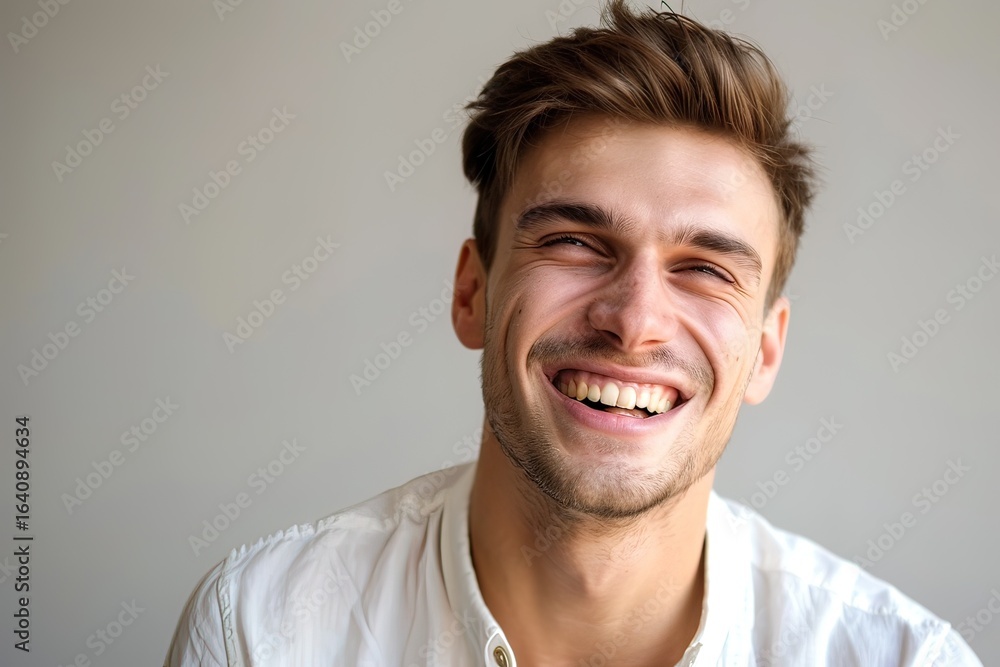 Obraz premium Laughing young man with wide smile and short styled hair