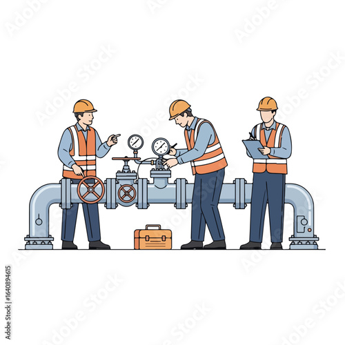 Industrial workers perform plant inspection on pipes with pressure gauges, conducting safety check and maintenance inspection.